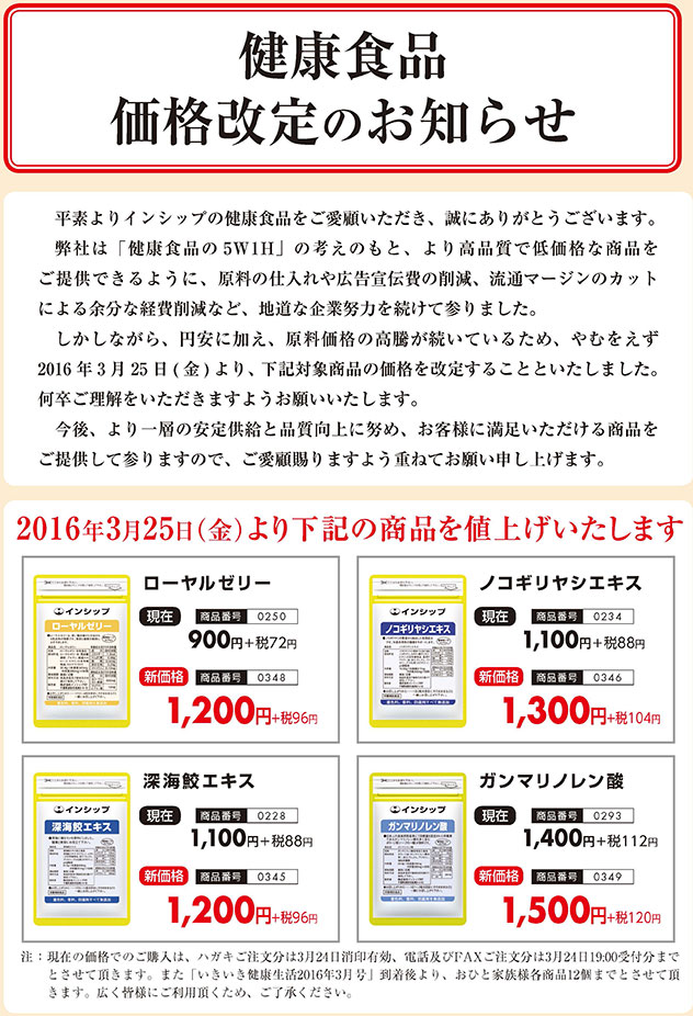 健康食品　価格改定のお知らせ　平素よりインシップの健康食品をご愛顧いただき、誠にありがとうございます。弊社は「健康食品の5W1H」の考えのもと、より高品質で低価格な商品をご提供できるように、原料の仕入れや広告宣伝費の削減、流通マージンのカットによる余分な経費削減など、地道な企業努力を続けて参りました。しかしながら、円安に加え、原料価格の高騰が続いているため、やむをえず2016年3月25日(金) より、下記対象商品の価格を改定することといたしました。何卒ご理解をいただきますようお願いいたします。今後、より一層の安定供給と品質向上に努め、お客様に満足いただける商品をご提供して参りますので、ご愛顧賜りますよう重ねてお願い申し上げます。ローヤルゼリー　ノコギリヤシエキス　深海鮫エキス　ガンマリノレン酸　現在の価格でのご購入は、ハガキご注文分は3月24日消印有効、電話及びFAXご注文分は3月24日19:00受付分までとさせて頂きます。また「いきいき健康生活2016年3月号」到着後より、おひと家族様各商品12個までとさせて頂きます。広く皆様にご利用頂くため、ご了承ください。